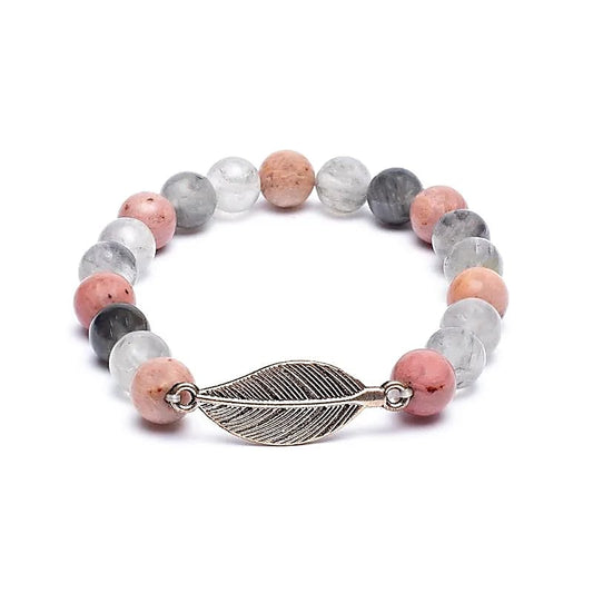 Braccialetto elastico in Quarzo Grigio e Rodonite con Piuma